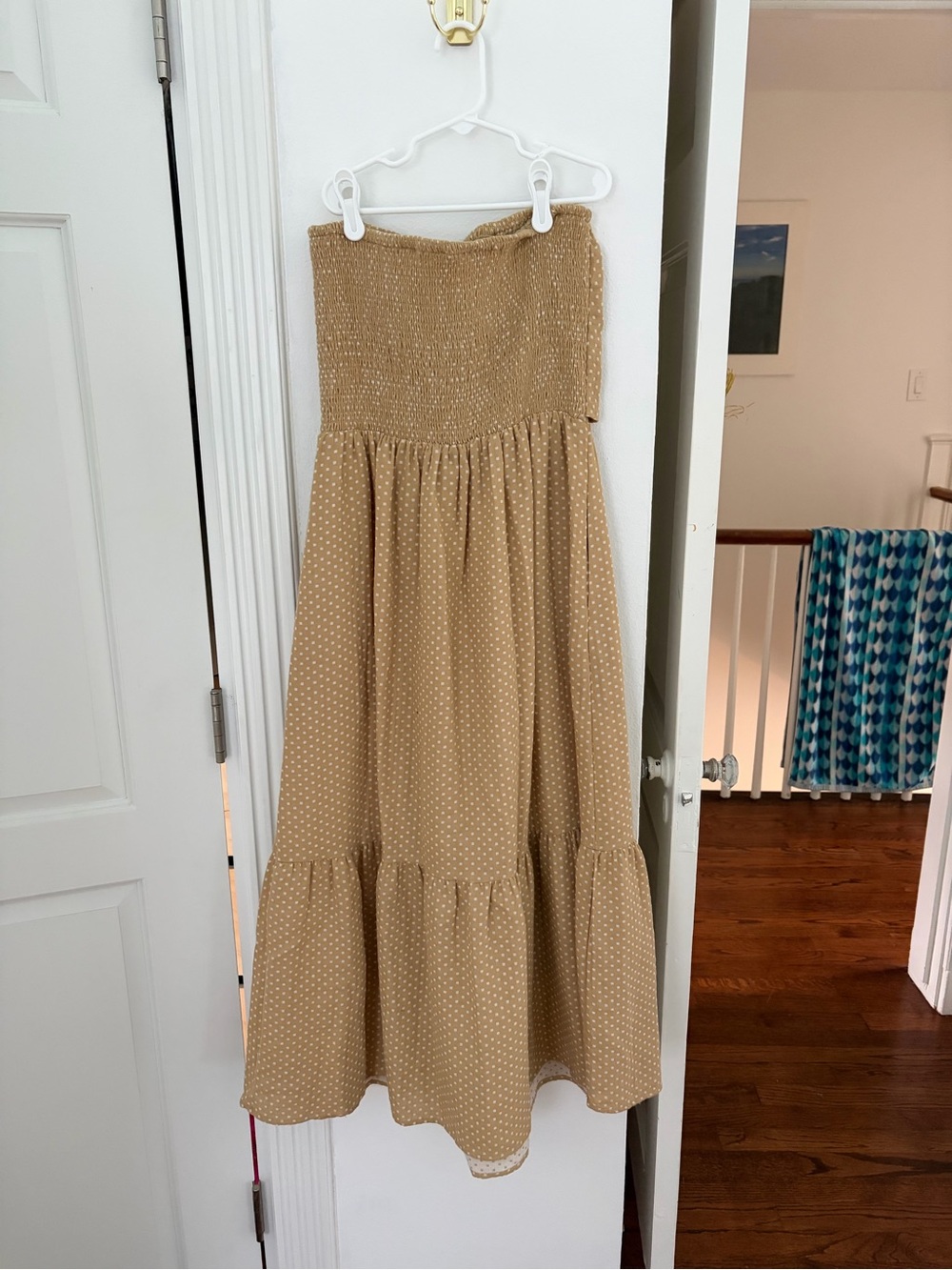 Strapless Polka Dot Tie-Front Midi Dress in Tan - Picture 2 of 3